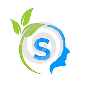 Tree Brain On S Letter Logo Design. Leaf Head Sign Template Healthcare And Fitness, Eco Leaf Thinking Head Concept Vector