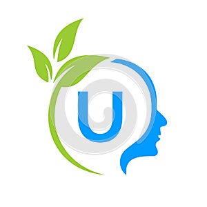 Tree Brain On U Letter Logo Design. Leaf Head Sign Template Healthcare And Fitness, Eco Leaf Thinking Head Concept Vector