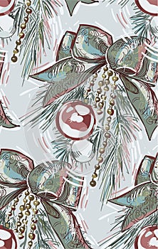 Tree branch ball bow christmas new year blue pink seamless pattern paint textured vector