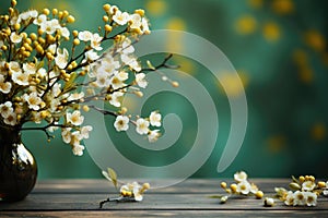 Tree branch of a flowering tree on blurred wooden background with copy space.