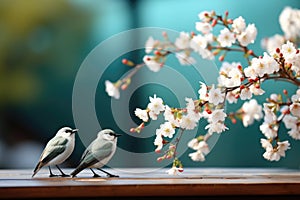 Tree branch with flowers and birds on blurred background with copy space.