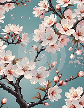 Tree branch with pink flowers, serene and calming mood, with the blue sky and pink flowers creating a sense of tranquility,