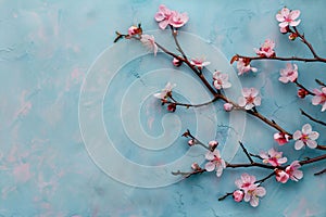 A tree branch with pink and white flowers lying on a blue background. Ai generated