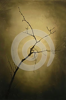 A tree branch is shown in a darkened sky