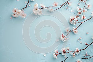 A tree branch with white flowers lying on a blue background. Spring concept. Ai generated