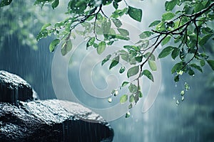 The tree branches bent over the rock in the pouring rain. Generated by artificial intelligence.