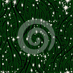 Tree branches at dreamy magic night with stars in the sky. Natural seamless pattern in minimalism aesthetic background.