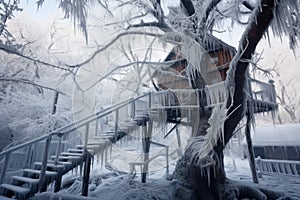 tree branches encased in ice surrounding treehouse