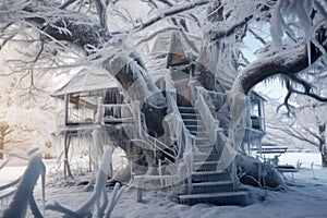 tree branches encased in ice surrounding treehouse