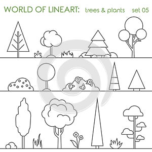 Tree bush plant graphical lineart set. Line art vector