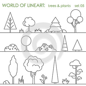 Tree bush plant graphical lineart set. Line art vector photo