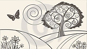 Tree with butterflies in landscape, nature and freedom illustration, vector graphic, vector design Generative AI