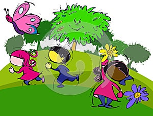 Tree, Butterfly and Green Grass, Cartoon for Baby Children-Diversity