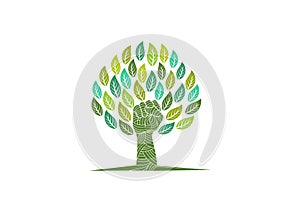 Tree care logo, revolution nature symbol, organic rebellion sign, green education and revolt healthy kids concept design