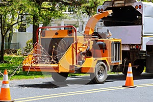 Wood chipper blowing tree branches cut A tree chipper or wood chipper is a portable machine used for reducing wood into smaller