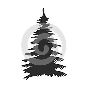 Tree, Christmas fir tree, black silhouette isolated on white background. Vector, spruce tree silhouette, vector illustration