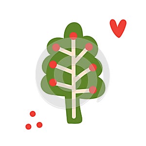 Tree clipart, heart, dots. Simple hand drawn illustration, modern colorful vector illustration of abstract flora