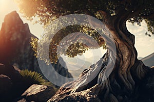 A tree in close-up with a mountainous background, enhanced naturalism, an anamorphic lens flare, and depth of field. AI