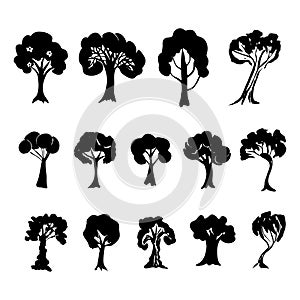Tree collection. Set of black trees silhouettes isolated on white background. Vector