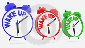 Tree colorful alarm clocks with wake up concept