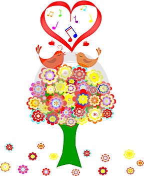 Tree in colorful flower with love birds