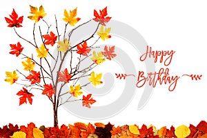 Tree With Colorful Leaf Decoration, English Calligraphy Happy Birthday