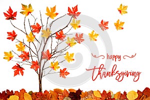 Tree With Colorful Leaf Decoration, Leaves Flying Away, Happy Thanksgiving