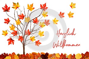 Tree With Colorful Leaf Decoration, Leaves Flying Away, Willkommen Means Welcome