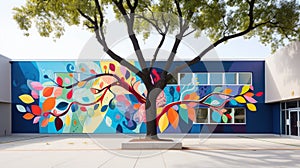 a tree with a colorful mural on the side of a building