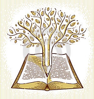 Tree combined with pencil over open vintage book education or science knowledge concept, educational or scientific literature