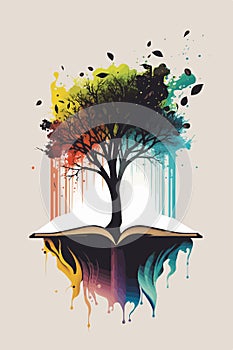 Tree coming out of a book, Concept art education, imagination inspiration motivation and reading