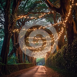 A tree-covered lane with soft twinkling lights providing a warm glow