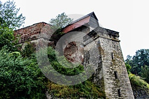 Tree covered old stronghold watchtower ruin in the mountains