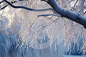 A tree covered in snow stands next to a body of water in this winter landscape photo, Frozen branches of a weeping willow tree, AI