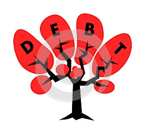 Tree with debt text in the crown - financial indebtedness is growing