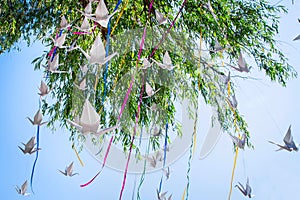 The tree is decorated with paper cranes and colored ribbons.