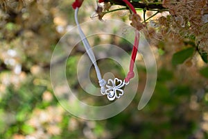 Tree decorated tied Martenitsi.Symbol of approaching spring. Baba Marta day Bulgaria