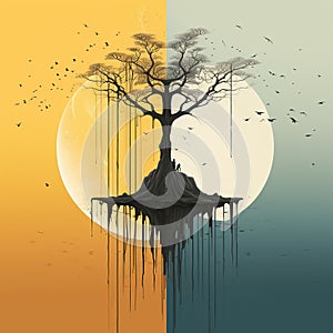 A Tree With Dripping Paint and a Moon Created With Generative AI Technology