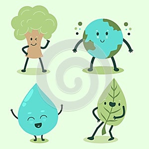 Tree, Earth, Water adn Leaf funny ilustration, Sustainability icon set easy to color