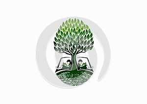 Tree education logo, early book reader icon, school knowledge symbol and nature childhood study concept design photo