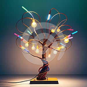 tree from electrical wires tangled and glow lamp. Generative AI