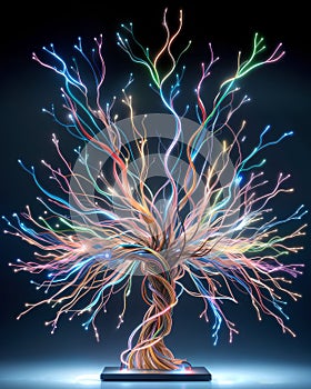 tree from electrical wires tangled and glow lamp. Generative AI