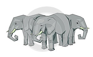 Tree elephants, mythical flat Earth concept. Flat line vector illustration. Colored cartoon style, isolated on white