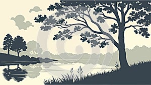Tree in Field Landscape Black and White Sketch, vector design Generative AI photo