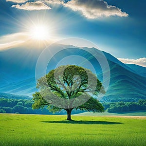 a tree in a field with a mountain in the background and a sky in the background with clouds and sun shining on the grass