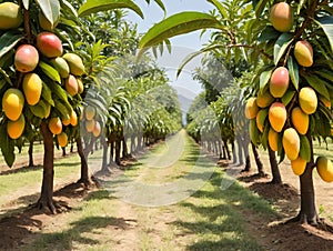 A Tree Filled With Lots Of Fruit Next To A Dirt Road. Generative AI