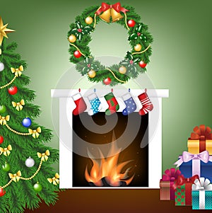 Tree, fire place, socks, gifts and garland