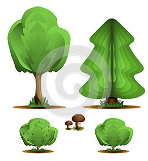 Tree, firtree, shrub, mushroom - set forest plants