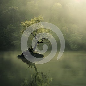 A tree is flourishing on a tiny lake island amidst water and foggy atmosphere