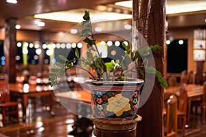Tree on flower pot decor in wood restaurant with light up at night